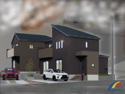 駐車2台可能で、ゆとり溢れる邸宅です。
収納面は、季節もの入れ替え楽々なウォークインクローゼット完備、バルコニーは居室間移動可能で便利な住環境が整っております。
外観パース